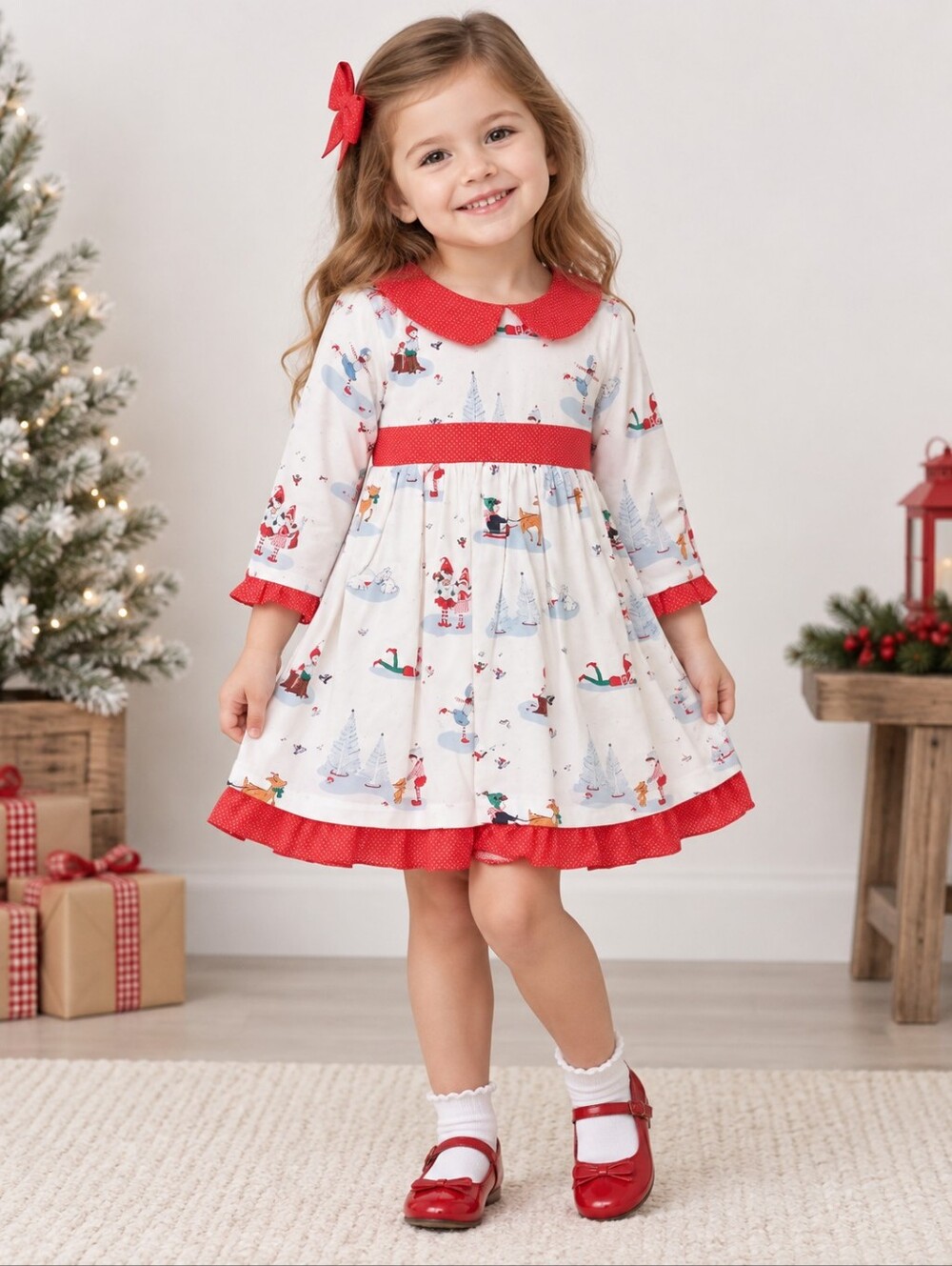 Blueberi Boulevard White Dress with Red Trim and Holiday Print
